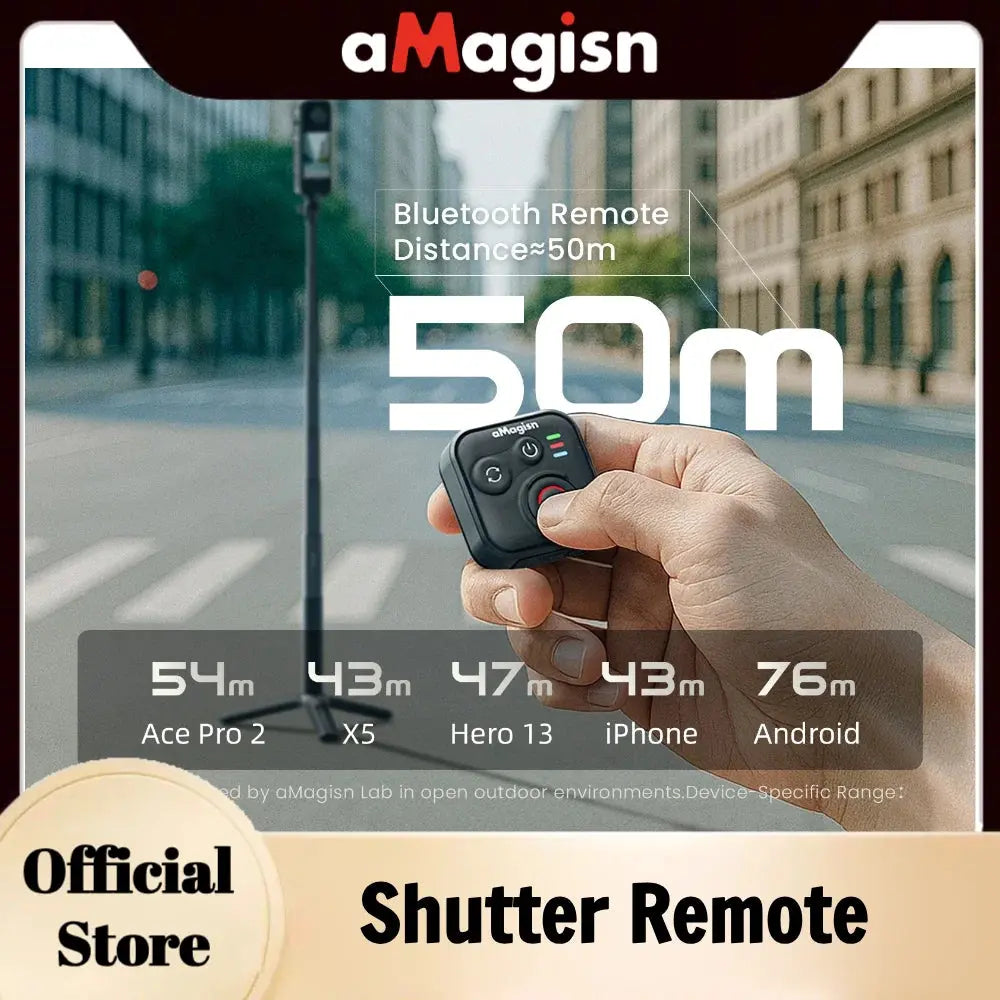 aMagisn 50M Bluetooth Remote Control for Insta360 X5 / X4 Air / Ace Pro 2 Gopro Hero 13 12 Camera iOS Android Shutter Controller - Magic Remotes