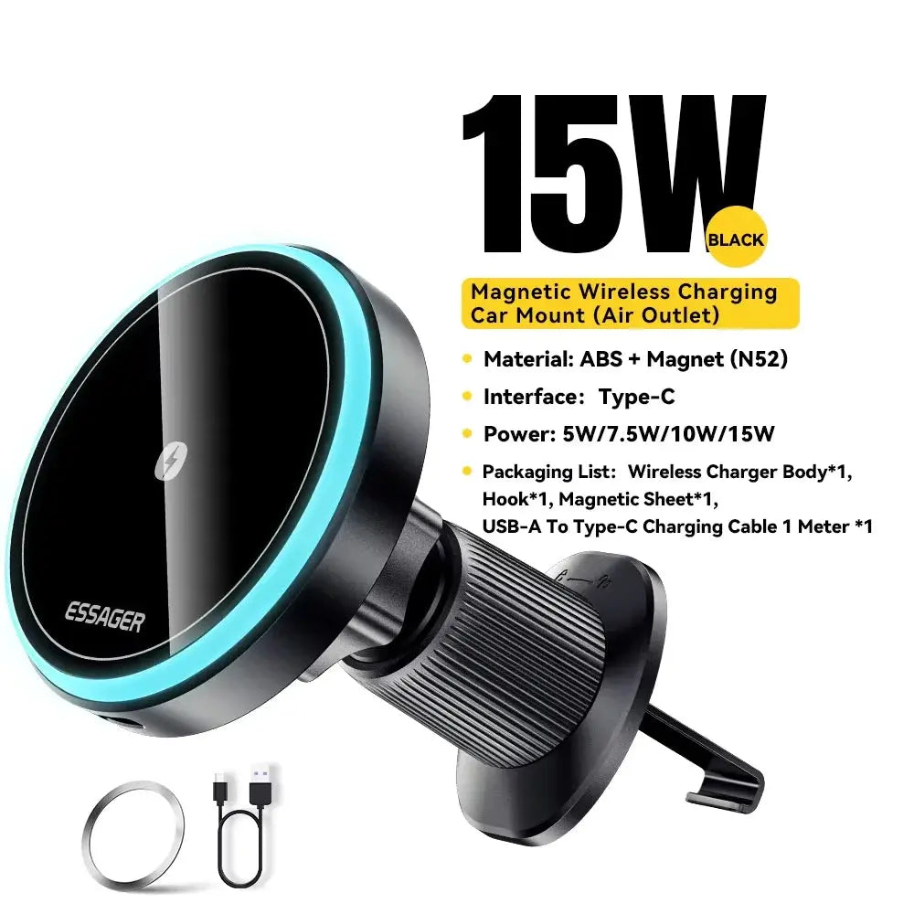 Essager 15W Magnetic Wireless Car Phone Holder Adjustable 360 degrees Car Charger For iPhone15 14 13 Pro Samsung Universal Phone - Magic Remotes