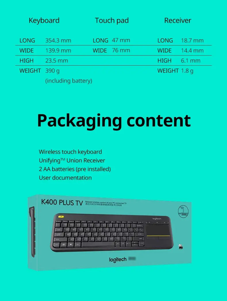 Logitech K400 Plus Wireless Keyboard Touchpad TV Compatible Long Battery Life for Windows Android TV - Magic Remotes