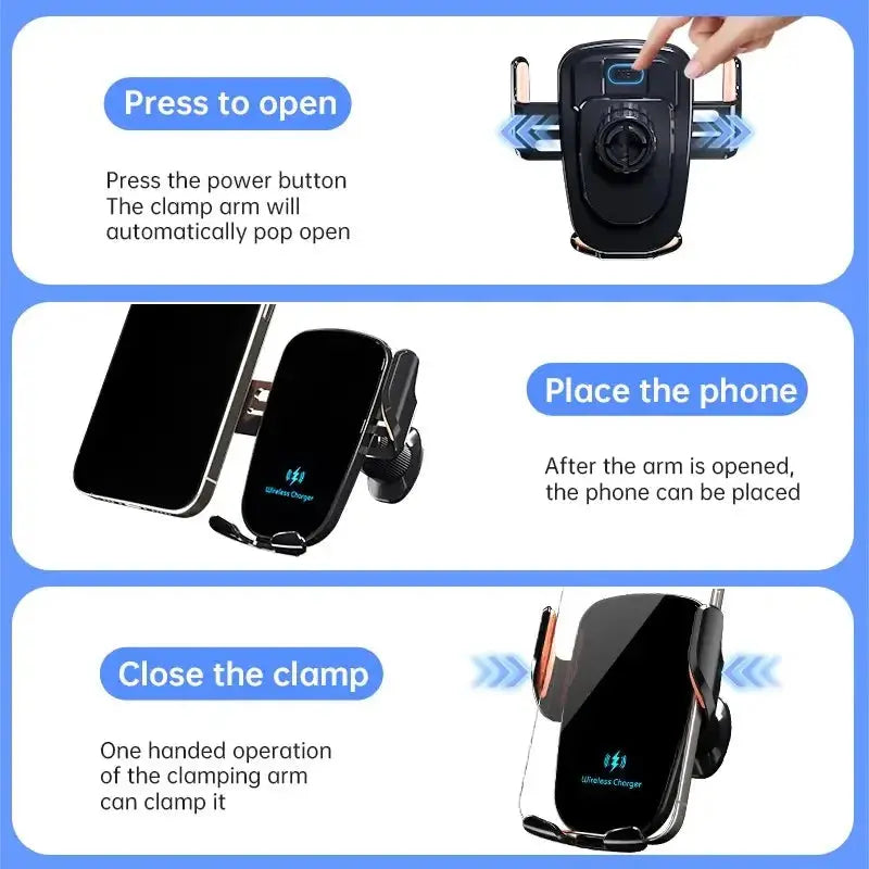Manual Clamp Wireless Car Charger 15W Fast Charging Air Vent Car Mount Phone Holder for iPhone Samsung Android Phones - Magic Remotes
