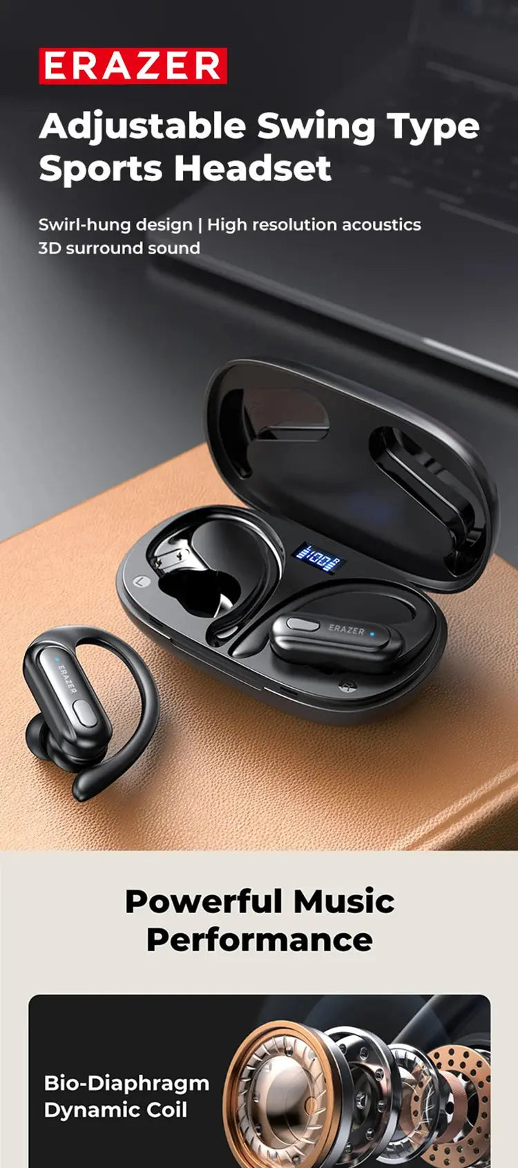 ERAZER XT60pro Sports Wireless Headphones Bluetooth Earphones HiFi Earbuds Noise Reduction Headset with Mic Earhook Magic Remotes