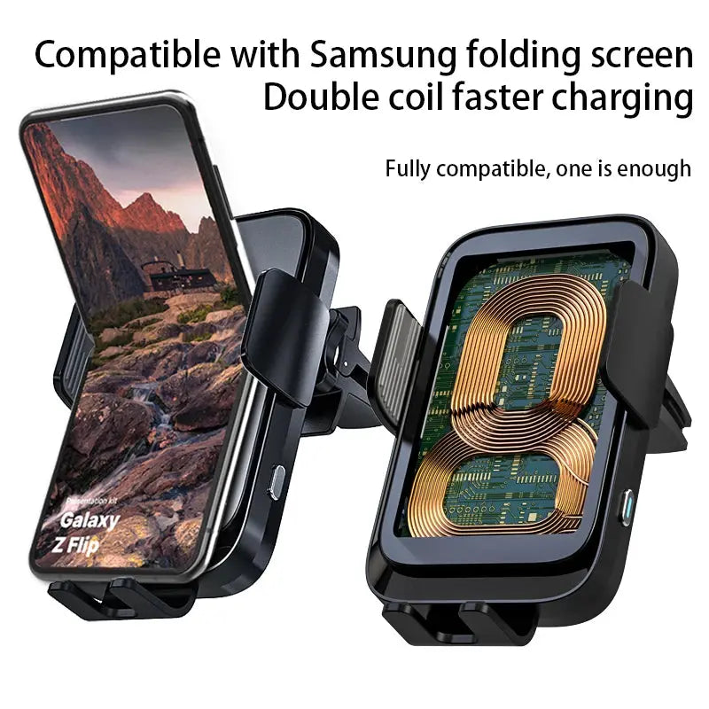 Wireless Car Charger Dual Coil Car Phone Holder Stand for Samsung Galaxy Z Flip 5 4 3 S22 S21 iPhone 14 13 Fast Charging Station - Magic Remotes
