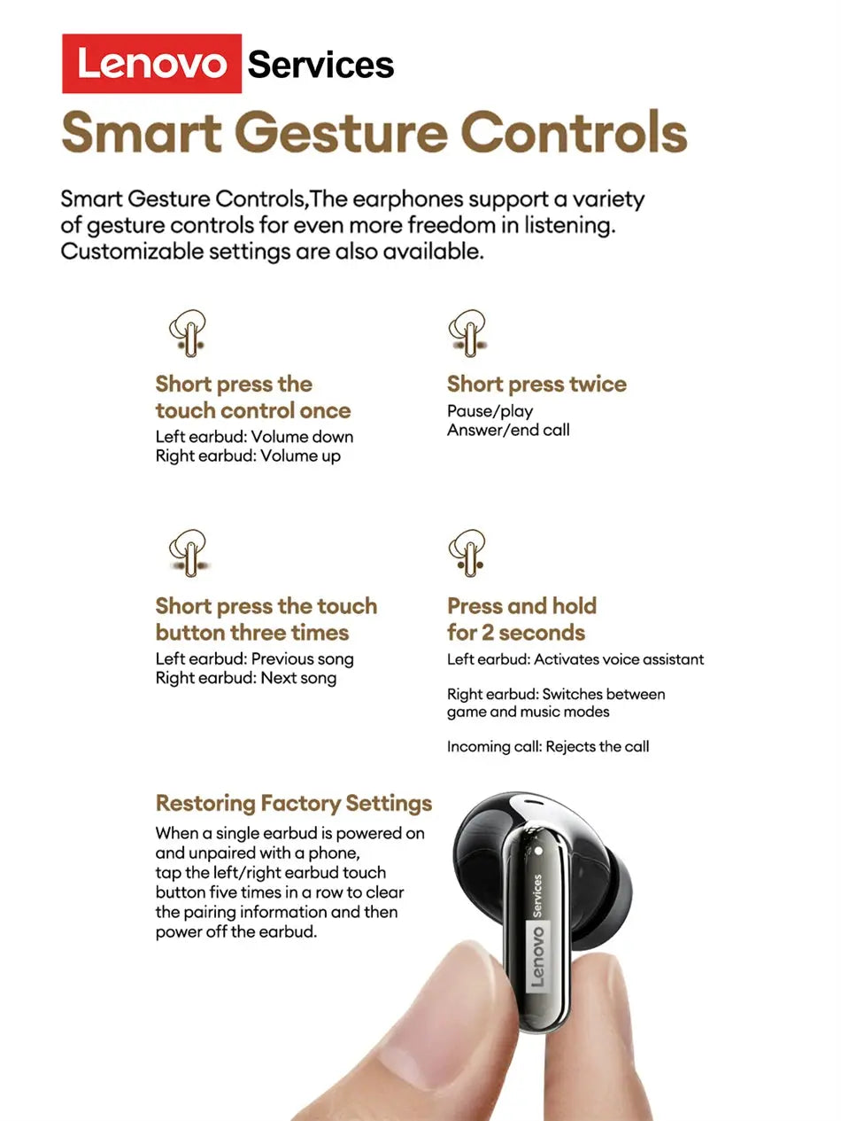 Lenovo LE208 TWS Bluetooth 6.0 Wireless Leather Earphones Stereo ENC Noise Cancelling Headphone 38ms Low Latency Gaming Headset Magic Remotes