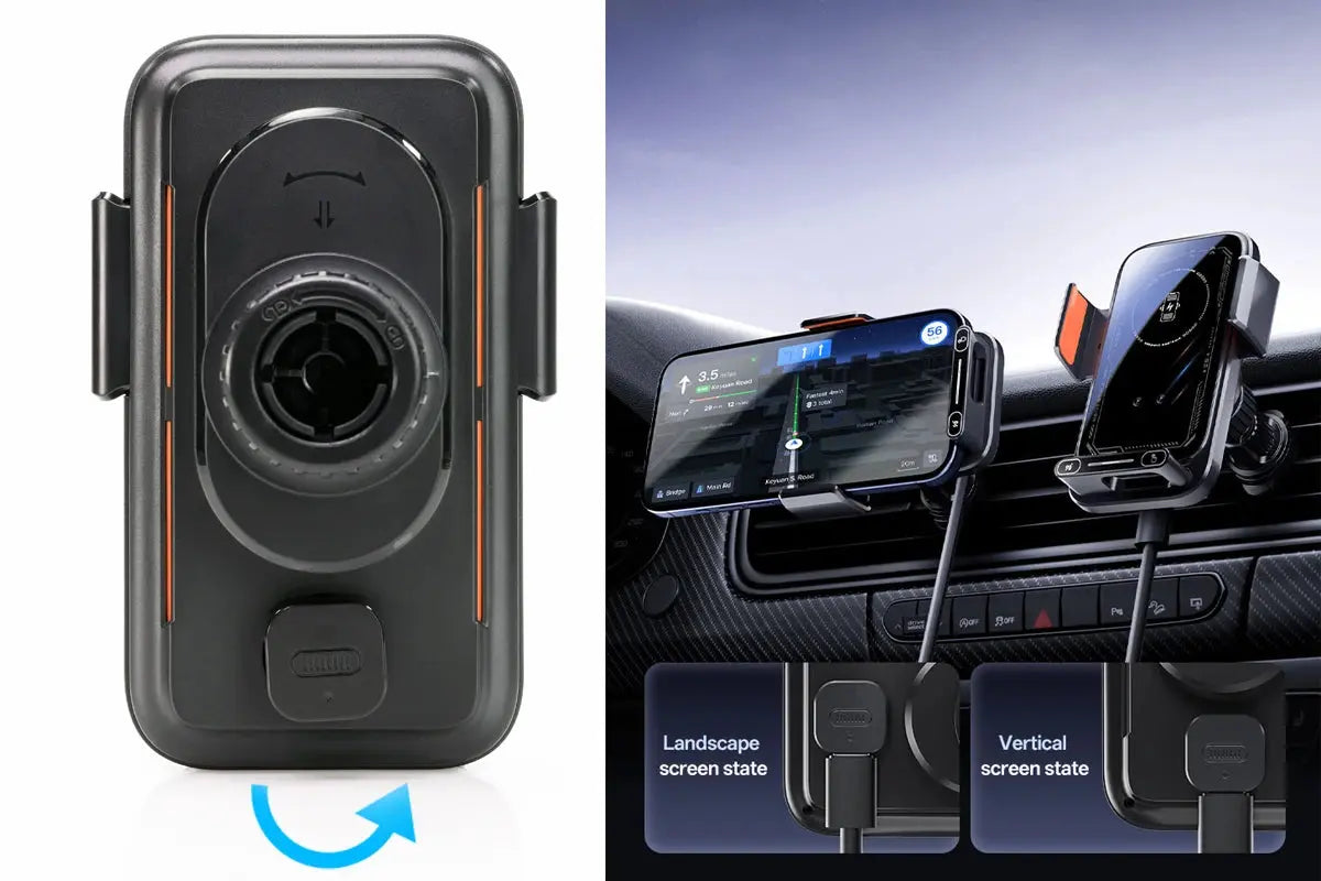 Smart Sensing Car Phone Holder 15W Qi Wireless Charging Motorized Rotation One-Touch Release & Clamping Rotatable Cable Port - Magic Remotes
