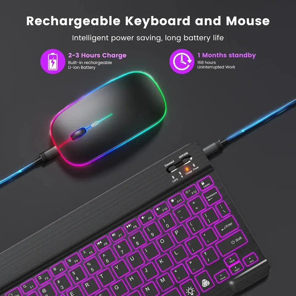 Mini Backlit RGB 10inch Bluetooth Keyboard Wireless mouse Rechargeable for Spanish Russian Hebrew Korean French Arabic Portugal - Magic Remotes