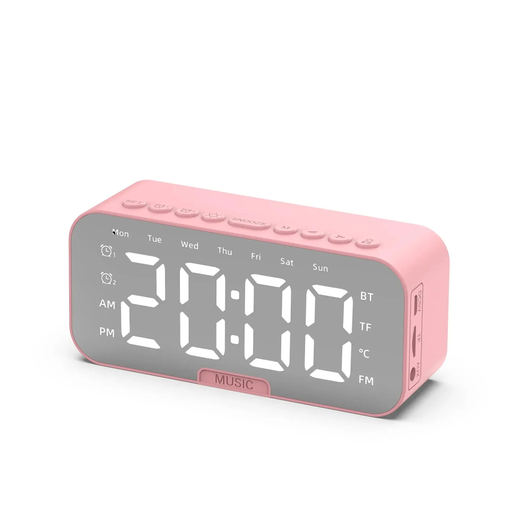 Bluetooth Speaker with LED Mirror Screen Digital Dual Alarm Clock with FM Radio Phone Holder Temperature For Bedroom Office Magic Remotes