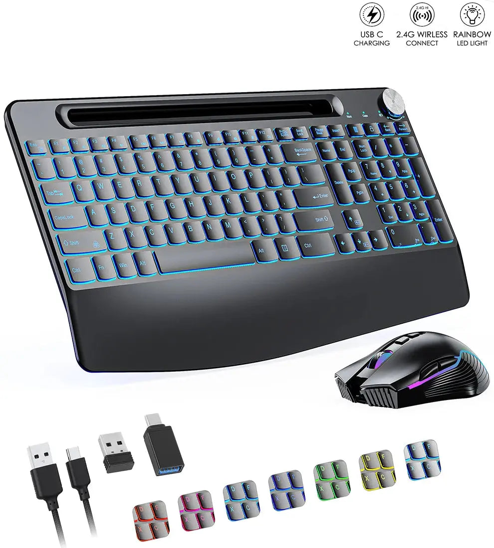 2.4G&Type-C Wireless Keyboard Mouse Combo with Wrist Rest,RGB Backlit,Silent Rechargeable Set for PC,Laptop,Window,Jiggler Mouse Magic Remotes