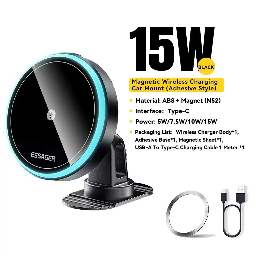 Essager 15W Magnetic Wireless Car Phone Holder Adjustable 360 degrees Car Charger For iPhone15 14 13 Pro Samsung Universal Phone - Magic Remotes