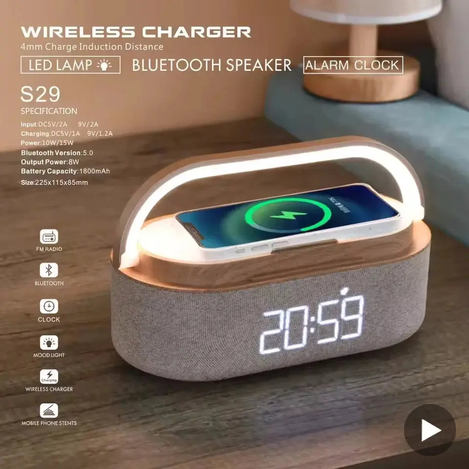 Portable Bluetooth Speaker Wireless Charging FM Radio Alarm Clock Sound Box Music Caixa De Som Charger Lamp Night Light Bocina Magic Remotes