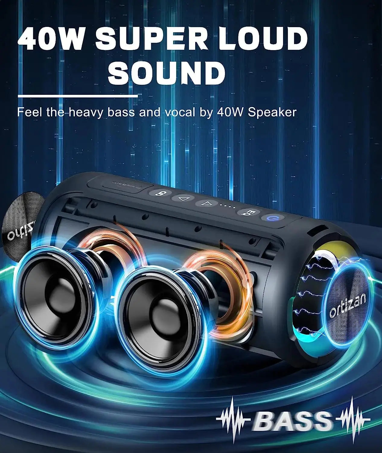 Ortizan Bluetooth Speakers 40W Enhanced Bass Portable Outdoor Wireless Speaker 30Hrs IP7 Waterproof Shower Speaker Bluetooth 5.3 Magic Remotes