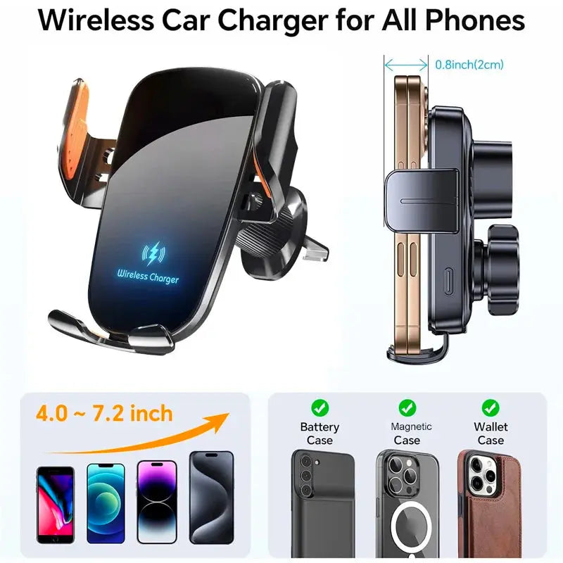 Manual Clamp Wireless Car Charger 15W Fast Charging Air Vent Car Mount Phone Holder for iPhone Samsung Android Phones - Magic Remotes