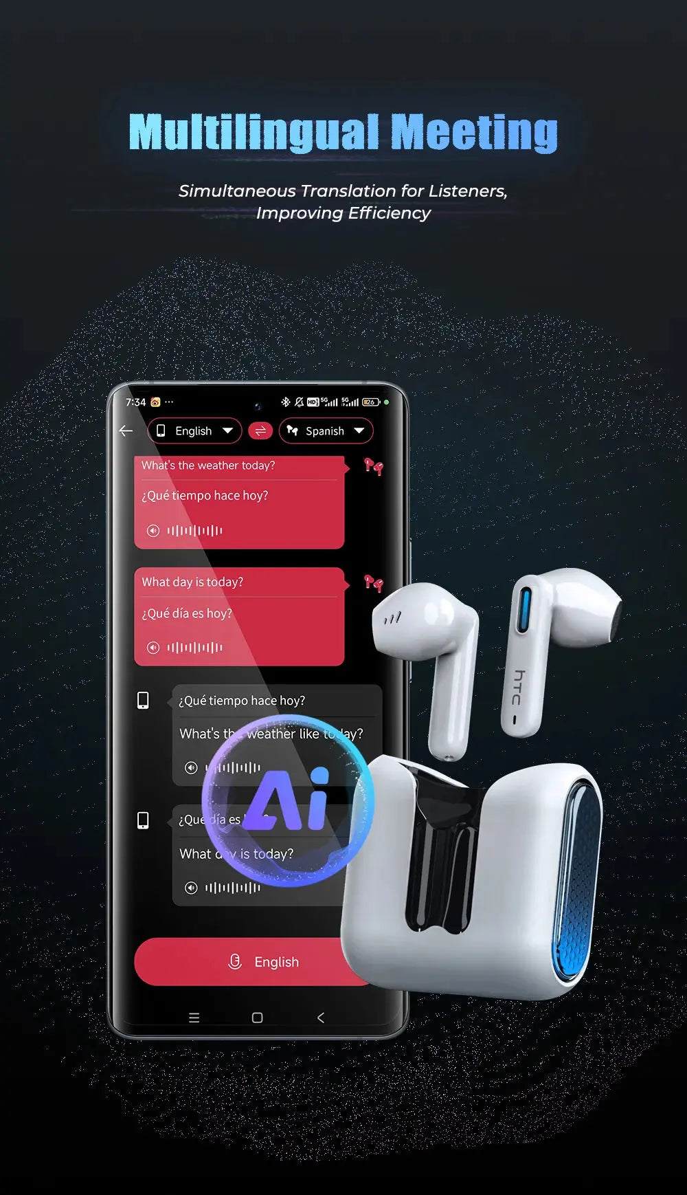 2026 Language Translator Earbuds HTC NE49 TWS Low Latency Gaming Earphones Bluetooth HiFi Stereo Sound HD Call With Mic Magic Remotes