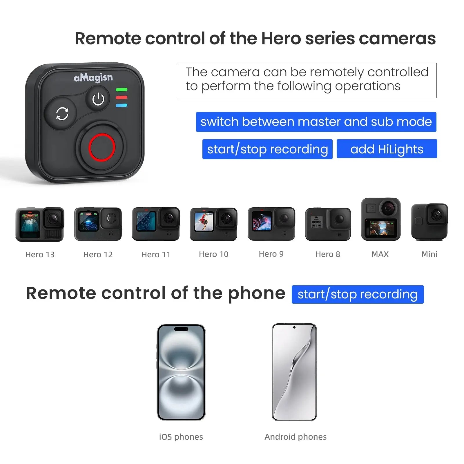 aMagisn 50M Bluetooth Remote Control for Insta360 X5 / X4 Air / Ace Pro 2 Gopro Hero 13 12 Camera iOS Android Shutter Controller - Magic Remotes