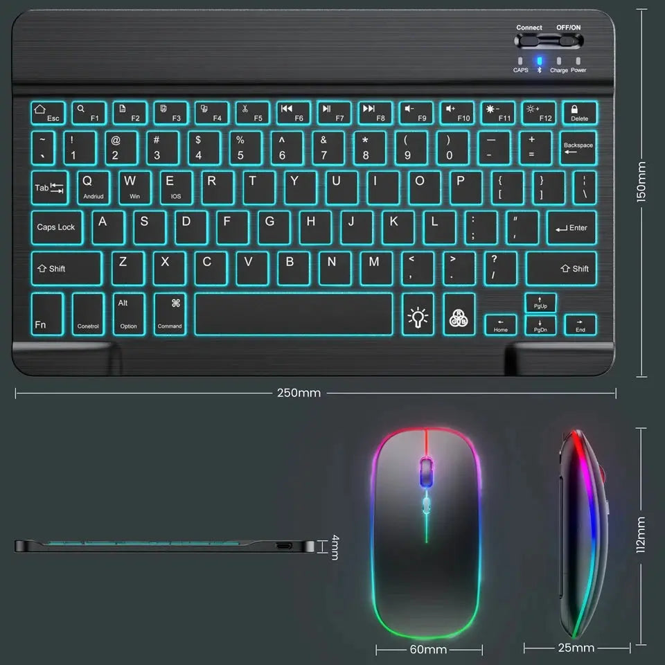 Mini Backlit RGB 10inch Bluetooth Keyboard Wireless mouse Rechargeable for Spanish Russian Hebrew Korean French Arabic Portugal - Magic Remotes