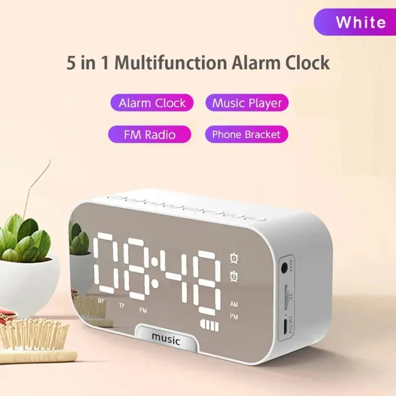 Bluetooth Speaker with LED Mirror Screen Digital Dual Alarm Clock with FM Radio Phone Holder Temperature For Bedroom Office Magic Remotes