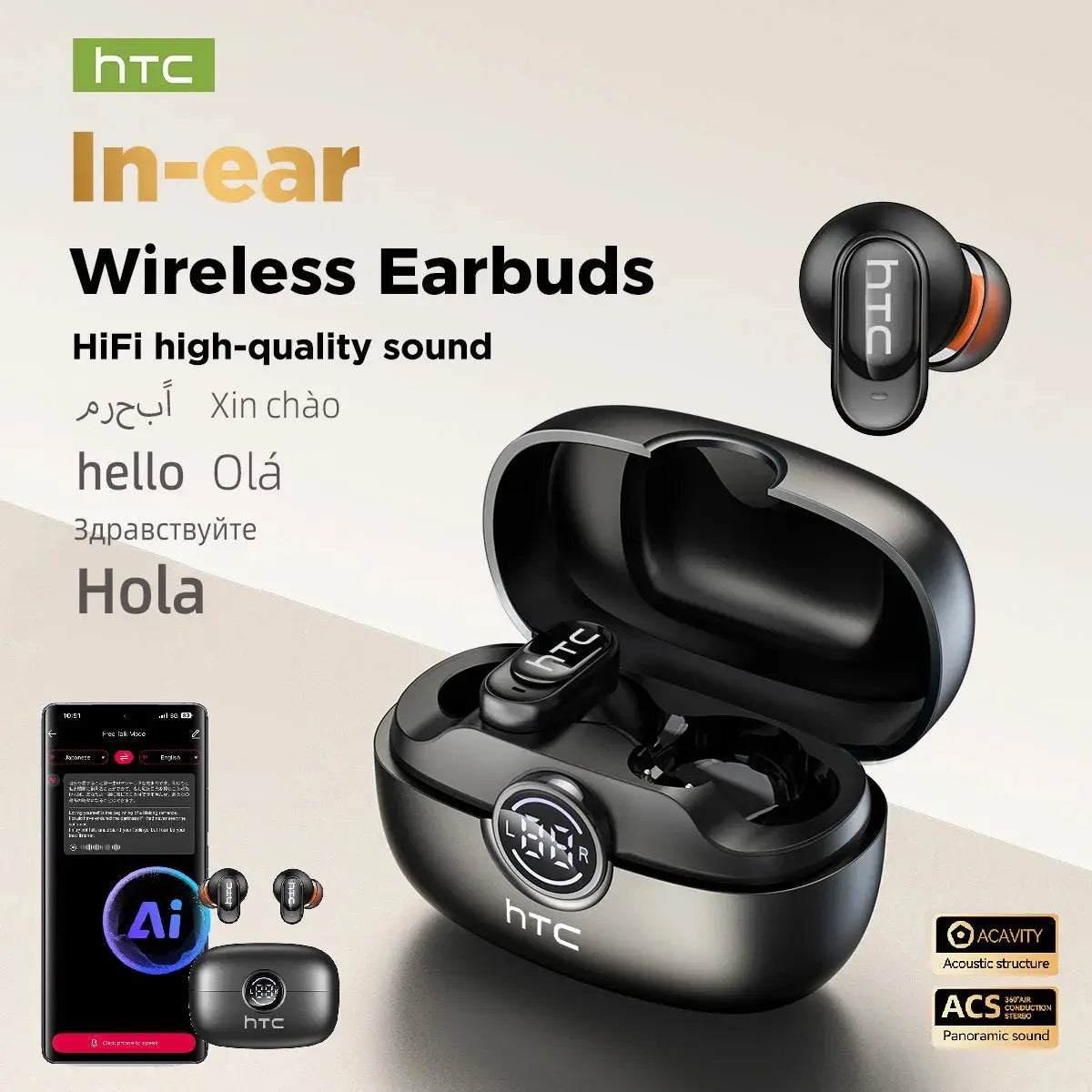 HTC NE79 TWS Wireless Bluetooth Earphones: AI Translator Earbuds Noise Cancellation Long Battery Life Premium Audio Headphones Magic Remotes