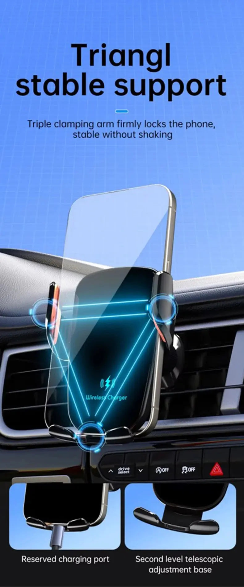 Manual Clamp Wireless Car Charger 15W Fast Charging Air Vent Car Mount Phone Holder for iPhone Samsung Android Phones - Magic Remotes