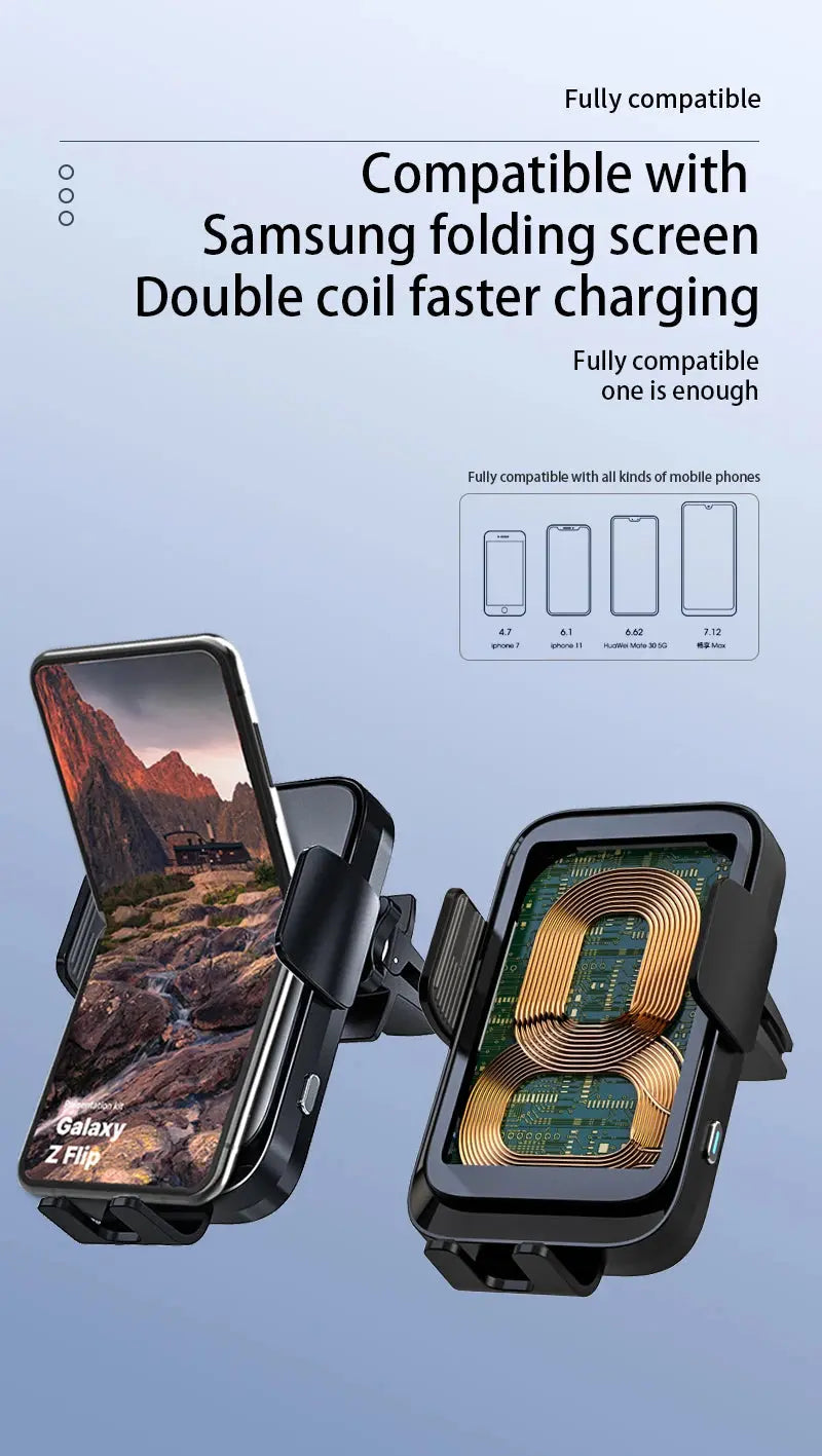 Wireless Car Charger Dual Coil Car Phone Holder Stand for Samsung Galaxy Z Flip 5 4 3 S22 S21 iPhone 14 13 Fast Charging Station - Magic Remotes