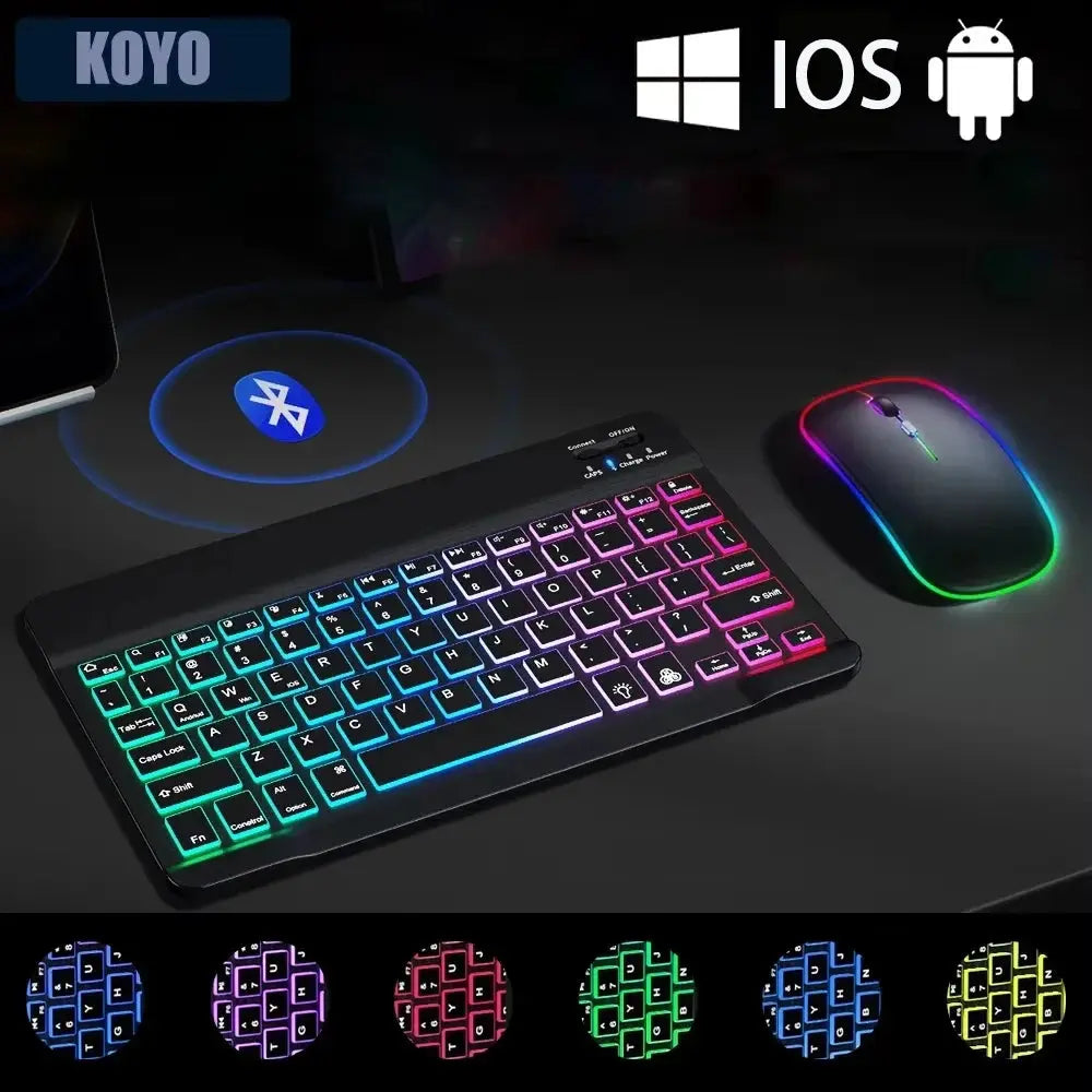 Mini Backlit RGB 10inch Bluetooth Keyboard Wireless mouse Rechargeable for Spanish Russian Hebrew Korean French Arabic Portugal - Magic Remotes