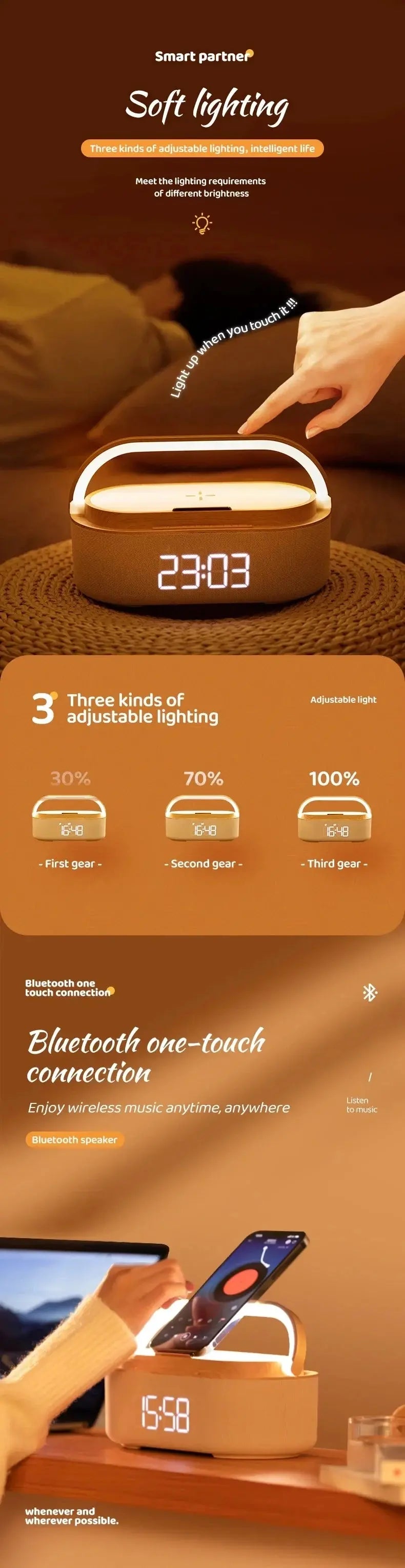 Portable Bluetooth Speaker Wireless Charging FM Radio Alarm Clock Sound Box Music Caixa De Som Charger Lamp Night Light Bocina Magic Remotes
