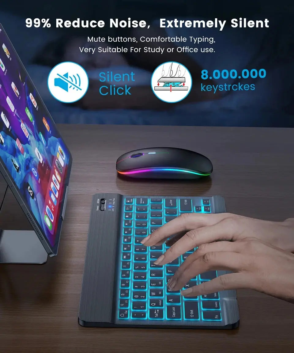 Mini Backlit RGB 10inch Bluetooth Keyboard Wireless mouse Rechargeable for Spanish Russian Hebrew Korean French Arabic Portugal - Magic Remotes