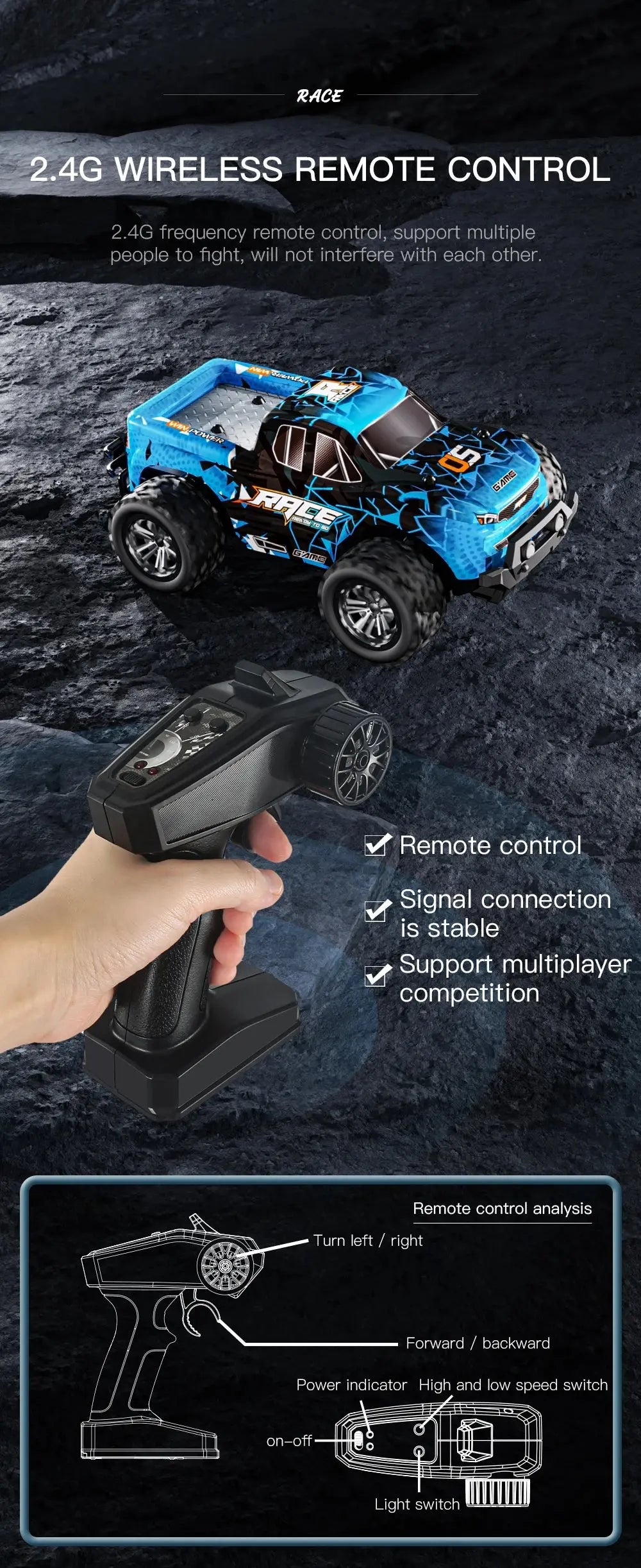ZWN 1:16/1:20 2.4G Model RC Car With LED Light 2WD Off-road Remote Control Climbing Vehicle Outdoor Cars Toy Gifts for Kids Magic Remotes