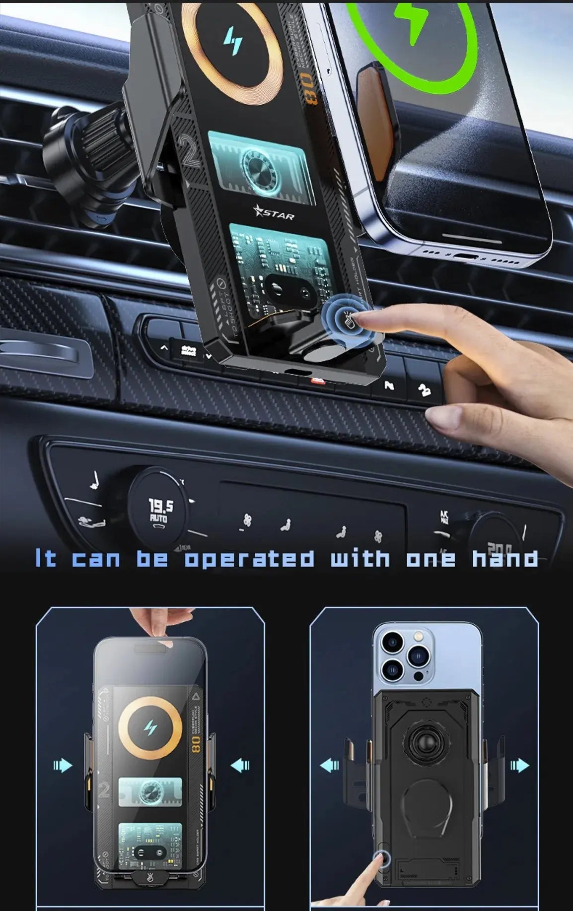 Car Smart Sensing Automatic Clamping Mounts For Samsung iPhone Xiaomi Phone Holder Wireless Charger Mounts 15W/66W Fast Charging - Magic Remotes