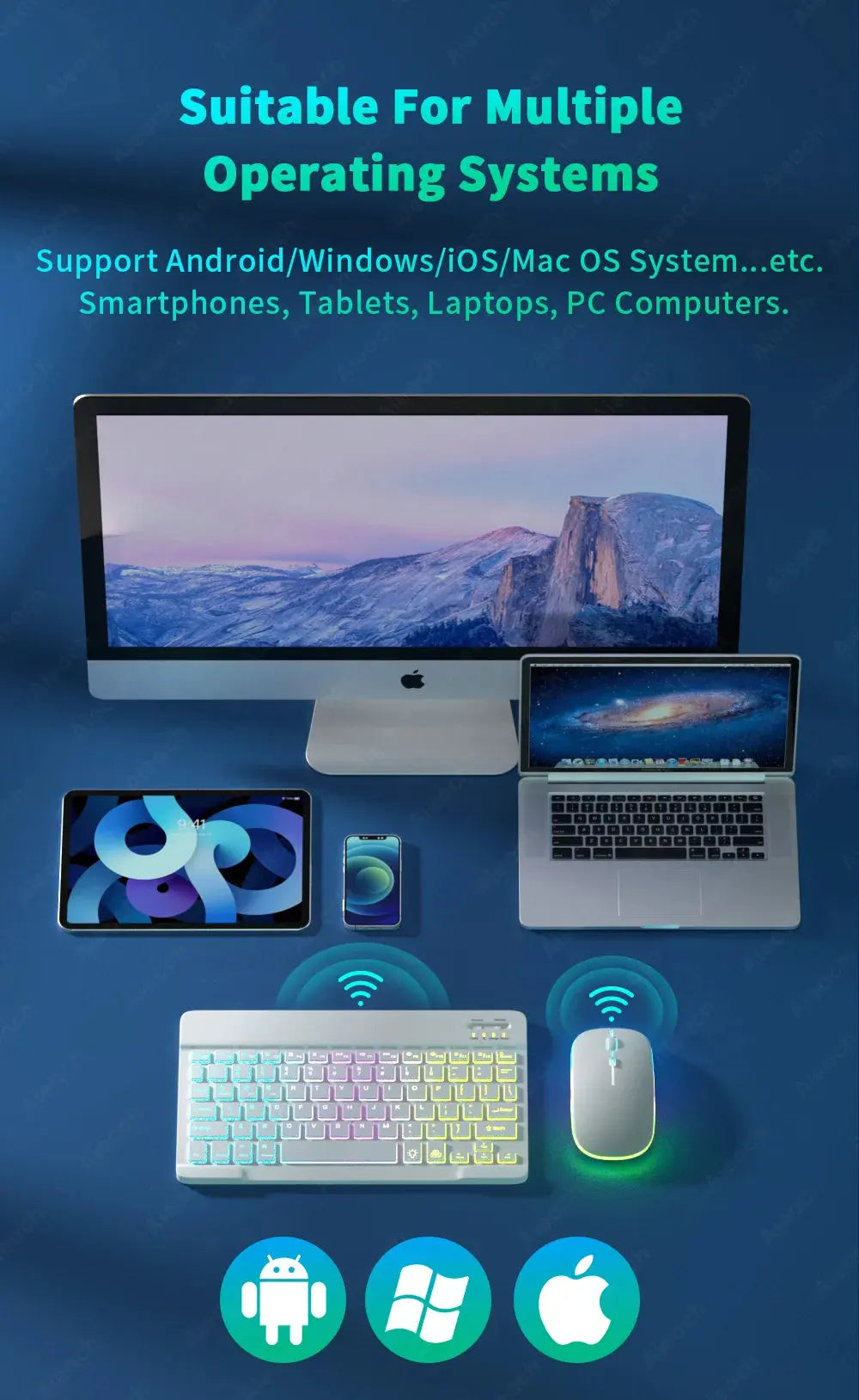 Keyboard For Tablet Android iOS Windows Wireless Mouse Keyboard Bluetooth-compatible Rainbow Backlit Keyboard For iPad Phone - Magic Remotes