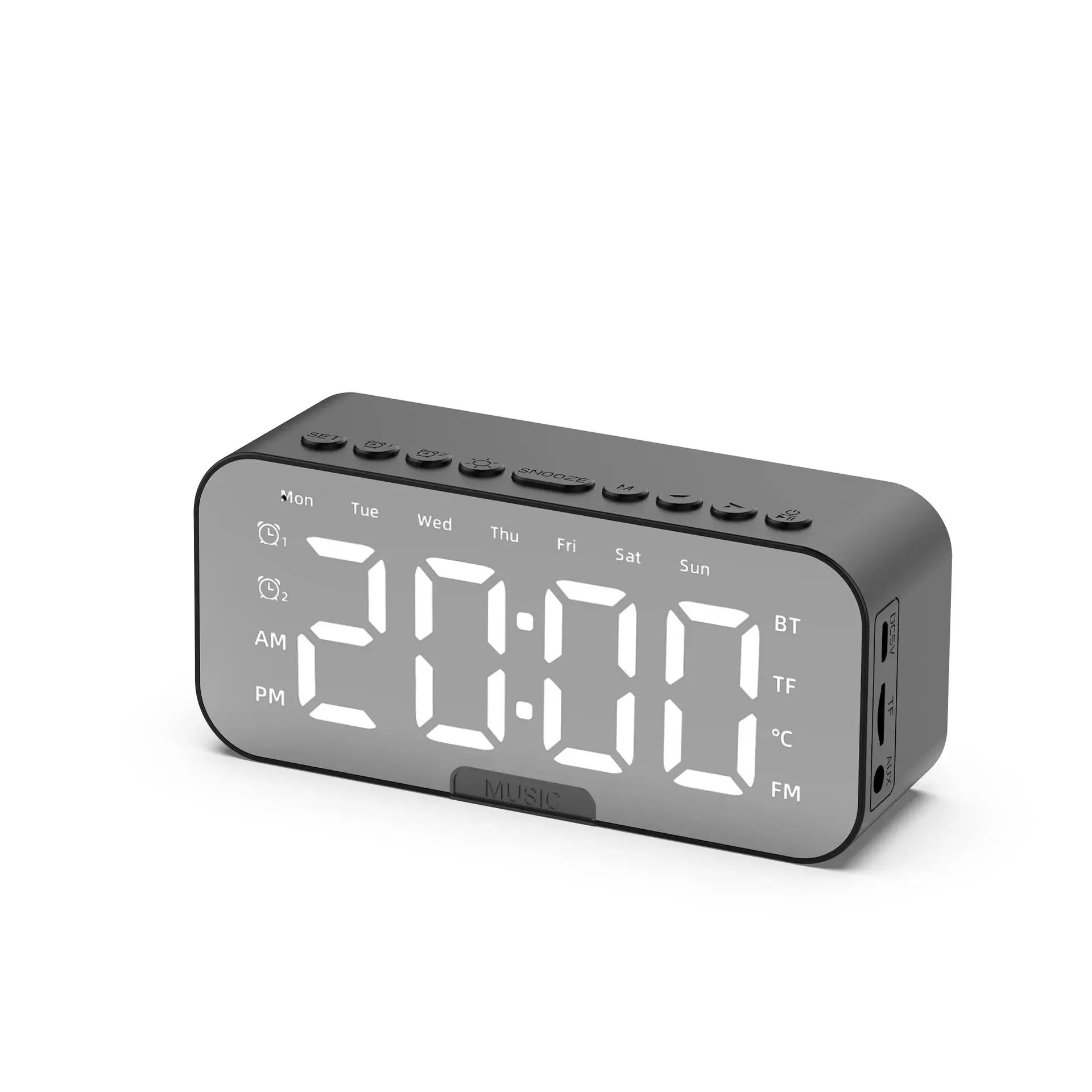 Bluetooth Speaker with LED Mirror Screen Digital Dual Alarm Clock with FM Radio Phone Holder Temperature For Bedroom Office Magic Remotes