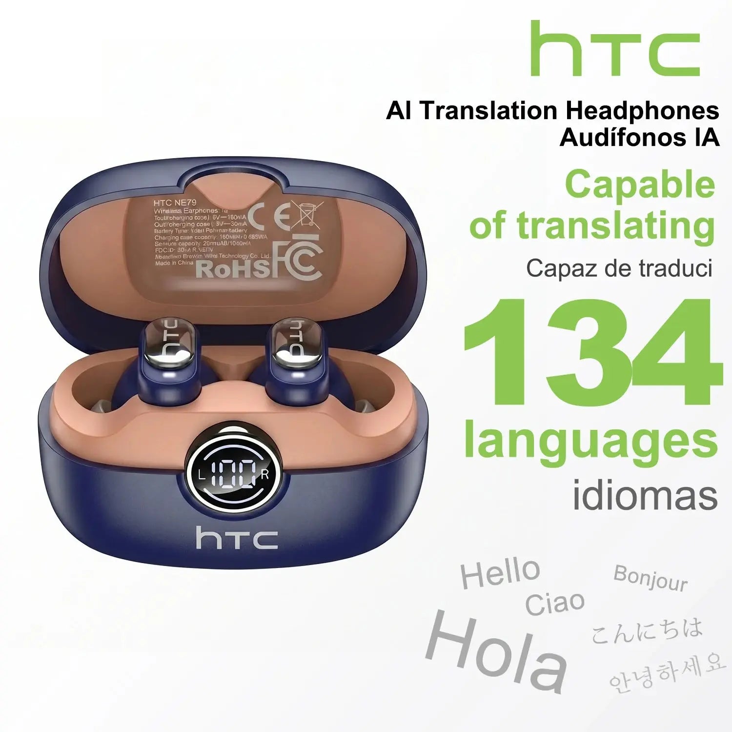 HTC NE79 TWS Wireless Bluetooth Earphones: AI Translator Earbuds Noise Cancellation Long Battery Life Premium Audio Headphones Magic Remotes