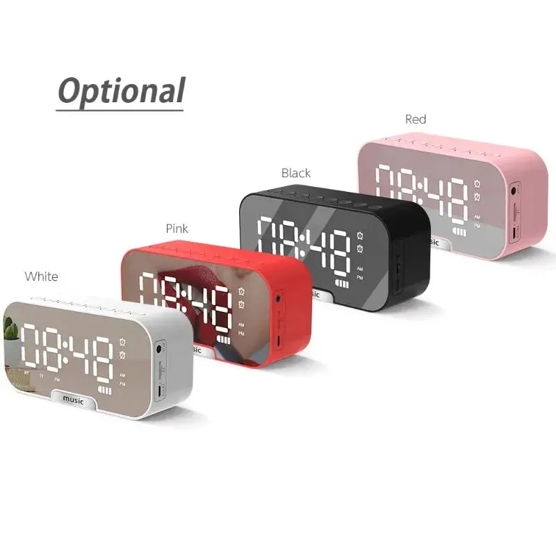 Bluetooth Speaker with LED Mirror Screen Digital Dual Alarm Clock with FM Radio Phone Holder Temperature For Bedroom Office Magic Remotes