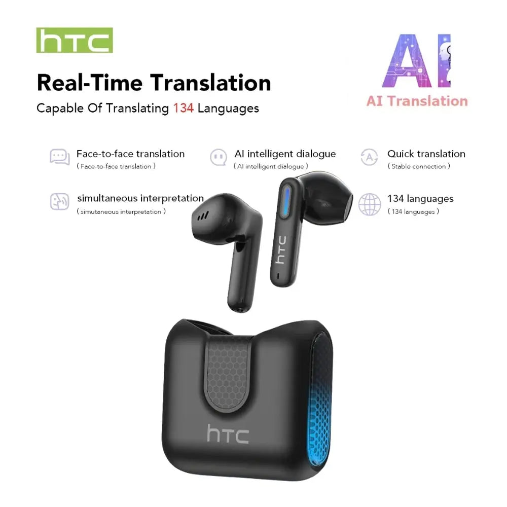 2026 Language Translator Earbuds HTC NE49 TWS Low Latency Gaming Earphones Bluetooth HiFi Stereo Sound HD Call With Mic Magic Remotes