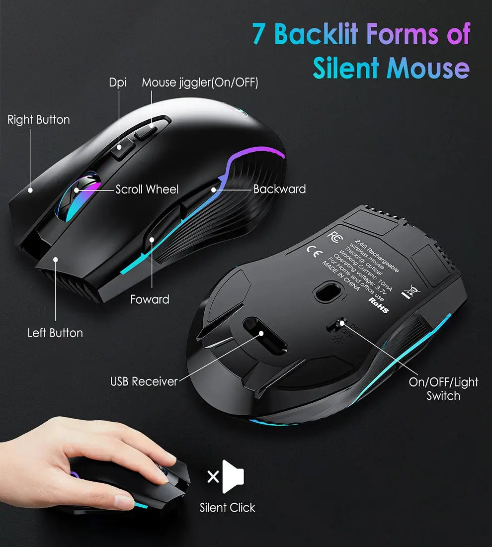 2.4G&Type-C Wireless Keyboard Mouse Combo with Wrist Rest,RGB Backlit,Silent Rechargeable Set for PC,Laptop,Window,Jiggler Mouse Magic Remotes