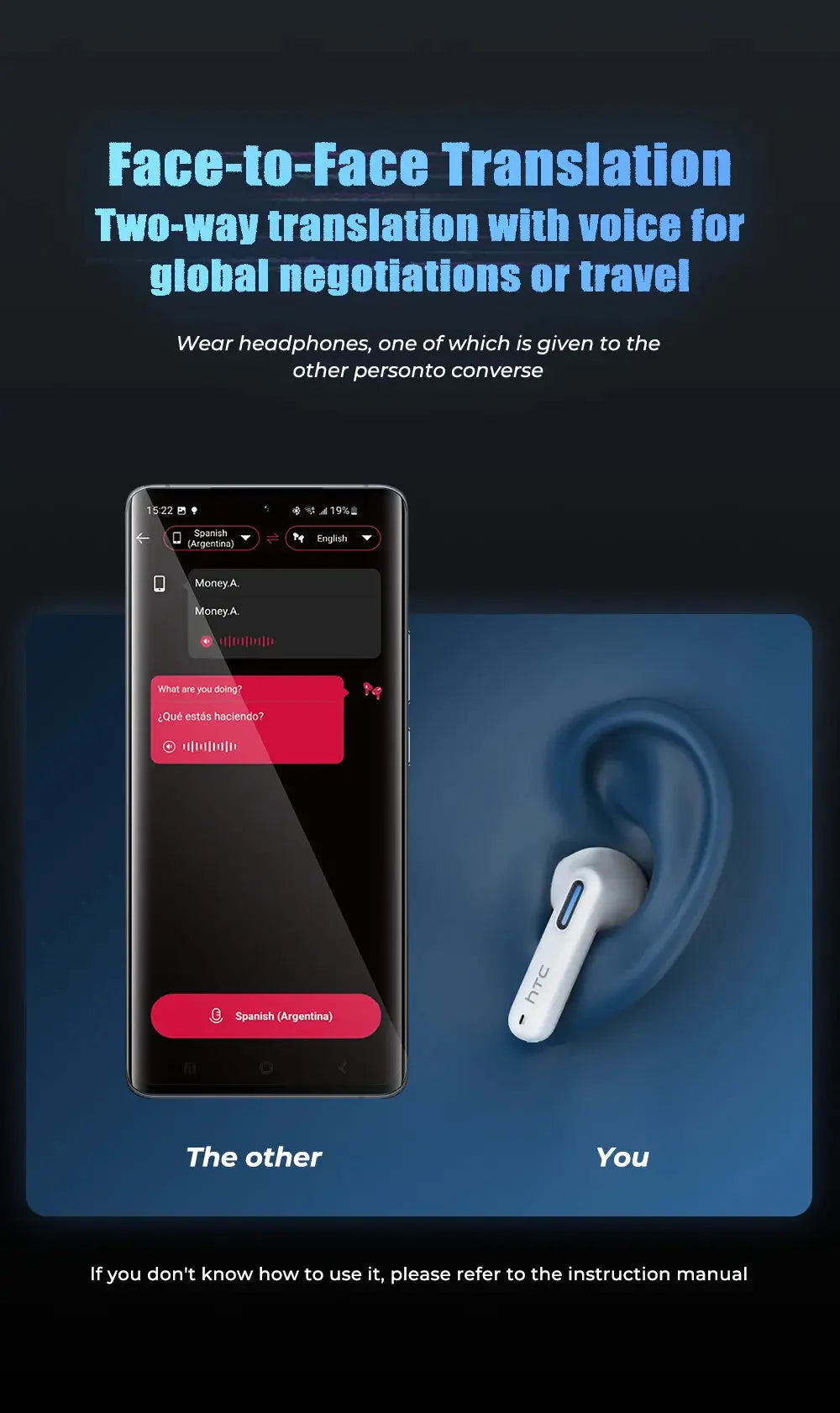 2026 Language Translator Earbuds HTC NE49 TWS Low Latency Gaming Earphones Bluetooth HiFi Stereo Sound HD Call With Mic Magic Remotes