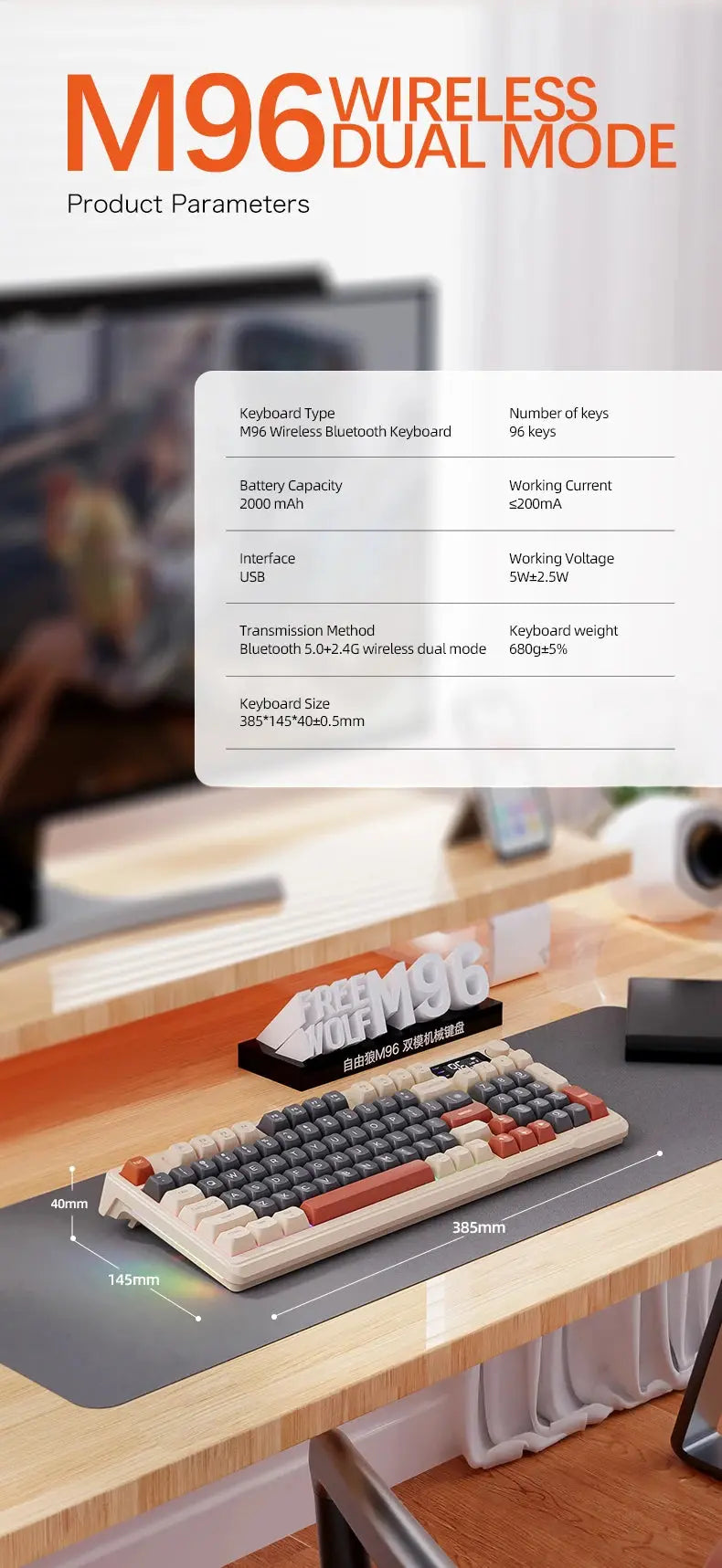 M96 Bluetooth Keyboard Wireless FREEWOLF Screen Gaming Keyboard,Electronic Screen, Multi-Device Connection,Ergonomics Gaming - Magic Remotes