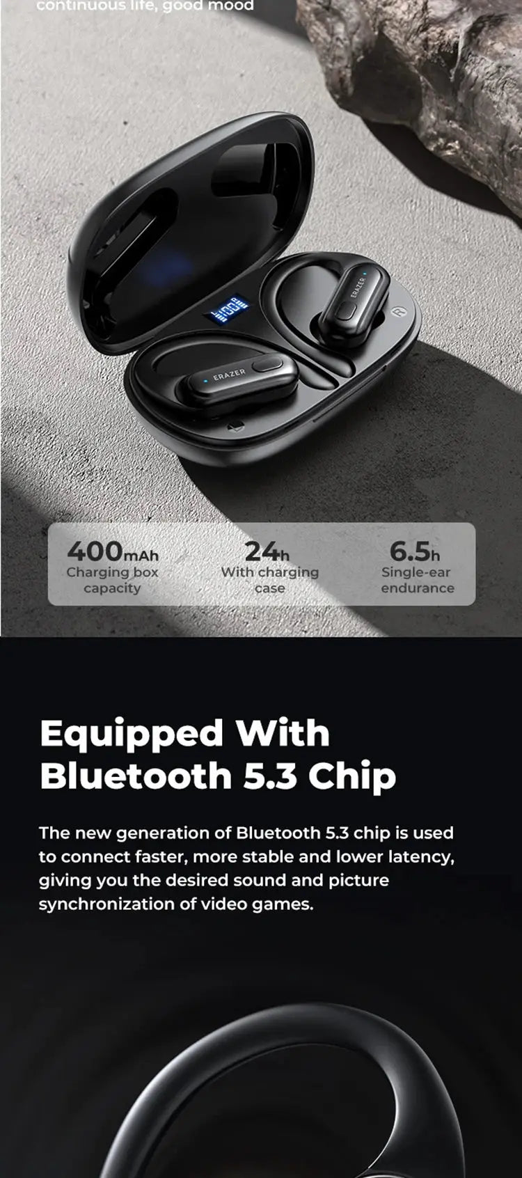 ERAZER XT60pro Sports Wireless Headphones Bluetooth Earphones HiFi Earbuds Noise Reduction Headset with Mic Earhook Magic Remotes