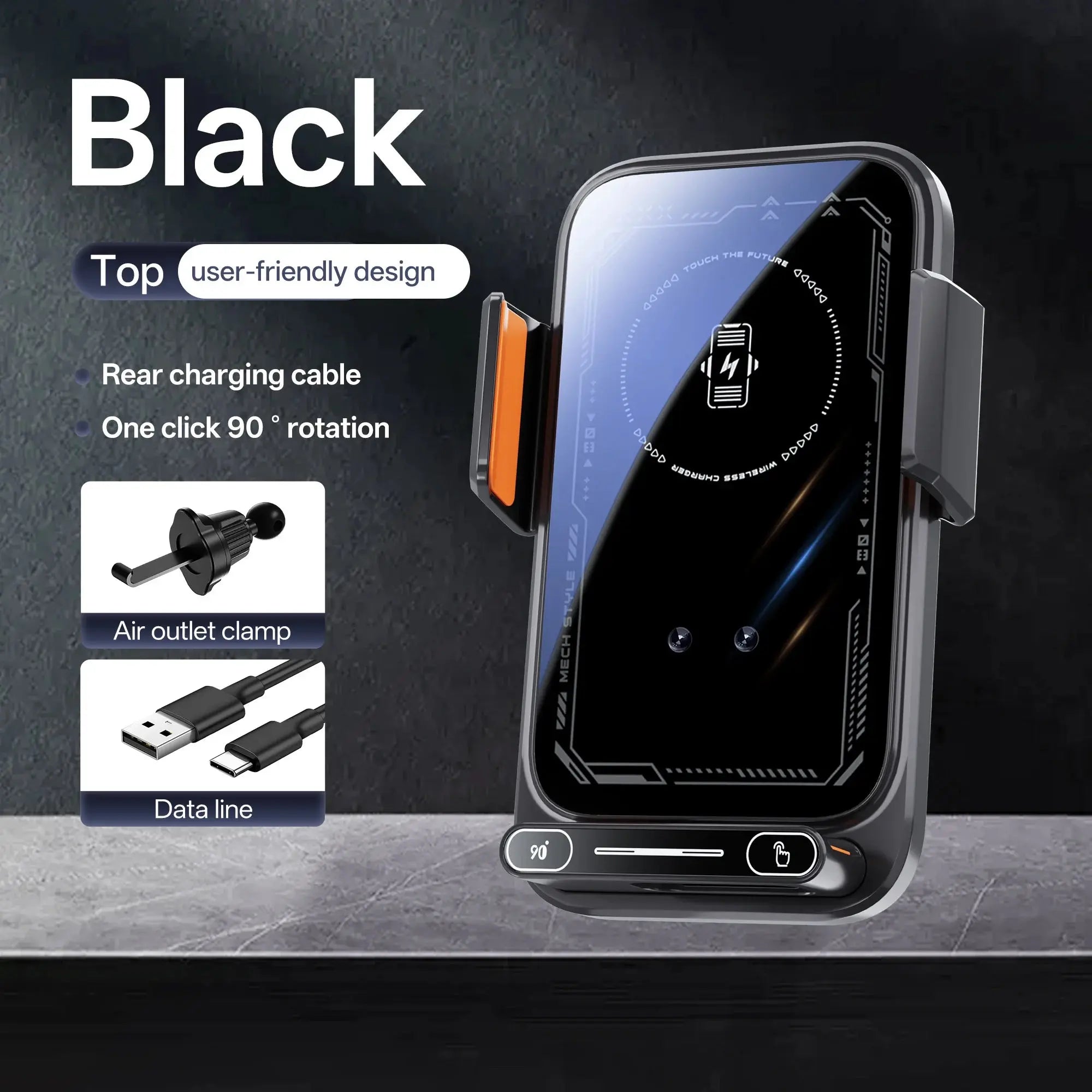 Smart Sensing Car Phone Holder 15W Qi Wireless Charging Motorized Rotation One-Touch Release & Clamping Rotatable Cable Port - Magic Remotes