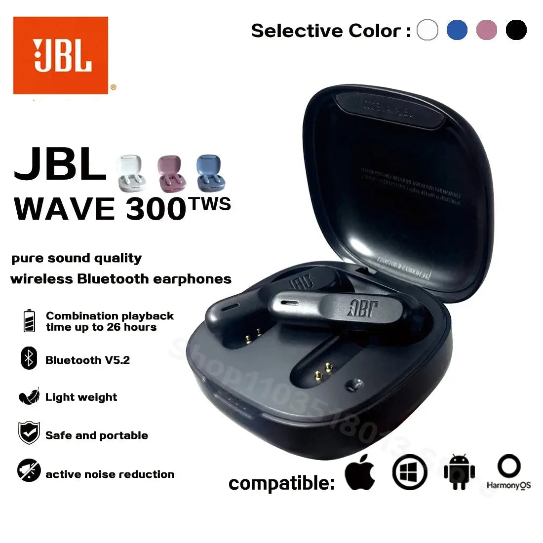 Original JBL Wave 300 TWS True Wireless Earbuds Bluetooth Earphones W300 Bass Sound Sports Earbud with Mic with Free cover Magic Remotes