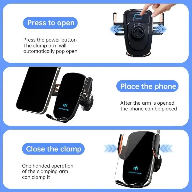 Wireless Car Charger, Fast Charging Manual Clamping Air Vent Car Phone Holder for Samsung Android Phones and iPhone 16 15 14 13 - Magic Remotes