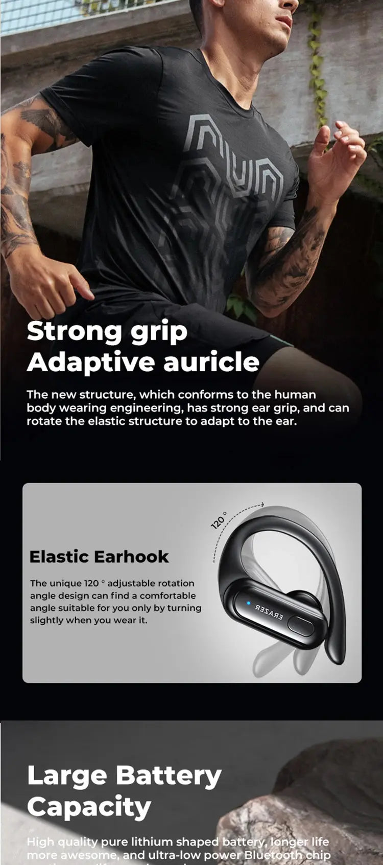 ERAZER XT60pro Sports Wireless Headphones Bluetooth Earphones HiFi Earbuds Noise Reduction Headset with Mic Earhook Magic Remotes