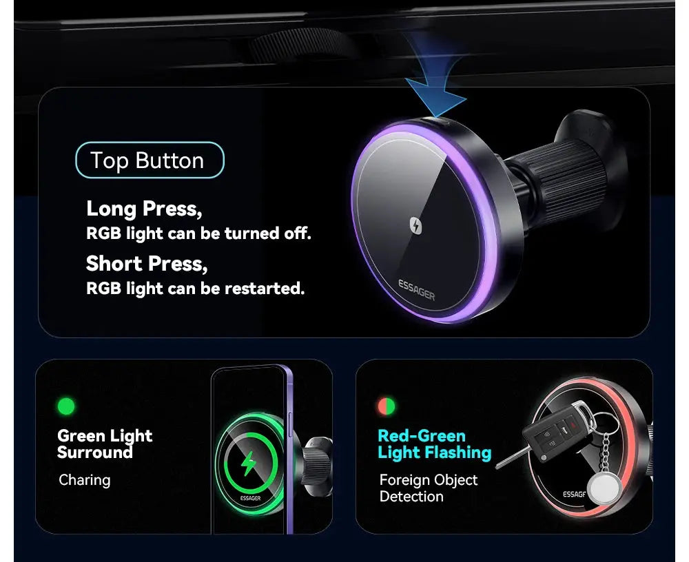 Essager 15W Magnetic Wireless Car Phone Holder Adjustable 360 degrees Car Charger For iPhone15 14 13 Pro Samsung Universal Phone - Magic Remotes