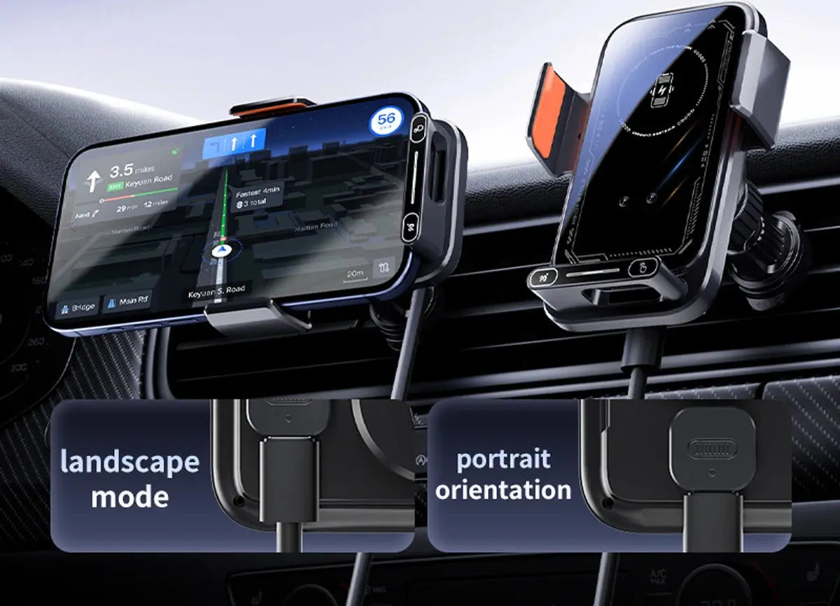 Smart Sensing Car Phone Holder 15W Qi Wireless Charging Motorized Rotation One-Touch Release & Clamping Rotatable Cable Port - Magic Remotes