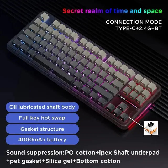 AULA F87 Pro Mechanical Keyboard 2.4g/Usb/Bluetooth Tri Mode Wireless 87 Key Rgb Pbt Gasket 5 Layer Silencing Full Key No Impact - Magic Remotes