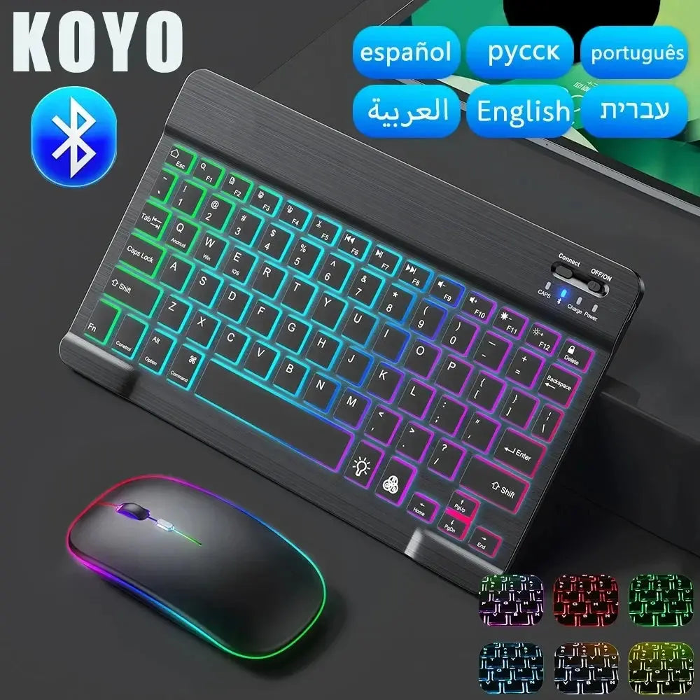 Mini Backlit RGB 10inch Bluetooth Keyboard Wireless mouse Rechargeable for Spanish Russian Hebrew Korean French Arabic Portugal - Magic Remotes